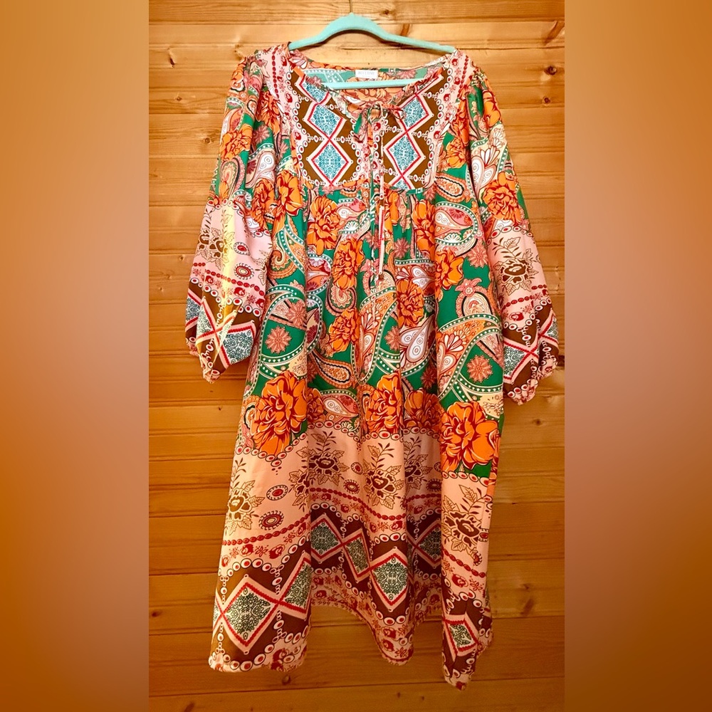 Boho Floral Paisley Dress Plus Size 1X (Estimated) Tunic Midi Multicolor Flowy